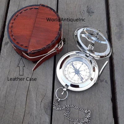 Antique Silver Finished Marine Brass Brunton Working Compass Engraved Designer