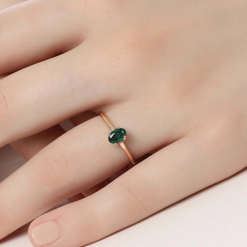 Pre-owned Handmade Emerald Ring, Oval Emerald Ring, 14k Solid Gold Ring, May Birthstone Ring, In White