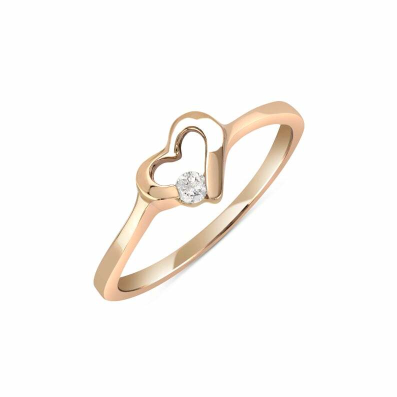 Pre-owned Handmade Solid 14 Karat Gold Diamond Heart Ring Yellow Gold, White Gold - All Ring Sizes