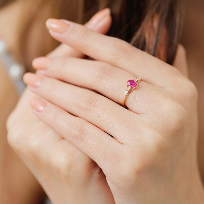 Pre-owned Handmade Ruby Engagement Ring In 14k Gold / Oval Cut Genuine Ruby With Diamond Ring In White