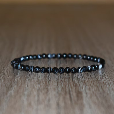 Striped Black Onyx Sardonyx 4mm Small Beads Healing Reiki Chakra Unisex Bracelet