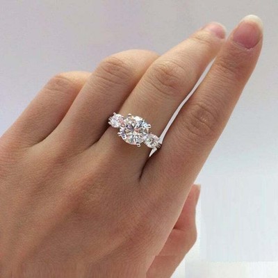 Round Cut White Moissanite Three Stone 925 Sterling Silver Wedding Ring 1.75 TCW