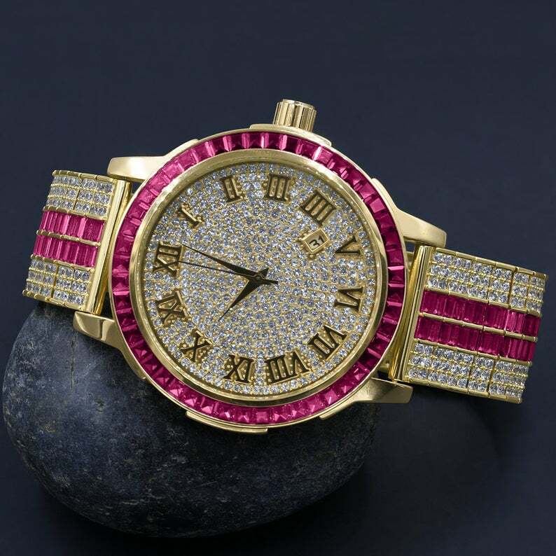 Pre-owned Ruby Red Roman Numeral Dial Gold Tone Simulate Diamond Solid Steel Bezel Watch