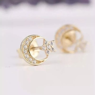 1Ct Real Moissanite Pretty Moon Star Stud Earrings In 14k Yellow Gold Plated