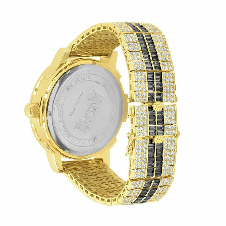 Pre-owned Ice House Black Onyx Roman Numeral Dial Gold Tone Simulate Diamond Solid Steel Bezel Watch