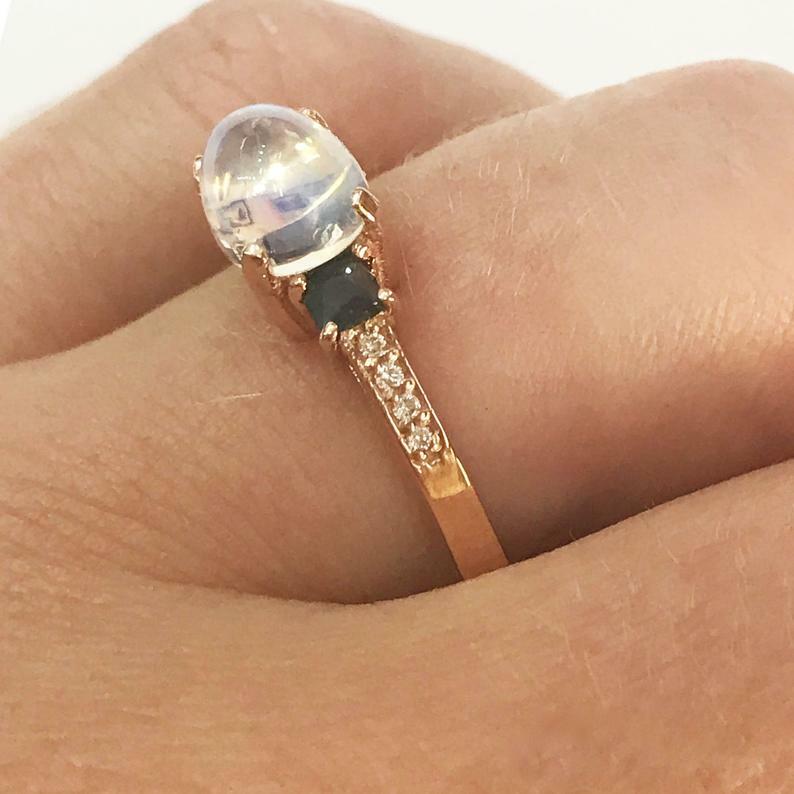 Pre-owned Jewelry By Arsa 2.65 Ctw Natural Moonstone, Sapphire & Diamond Solid 14k Rose Gold 3 Stone Ring In White