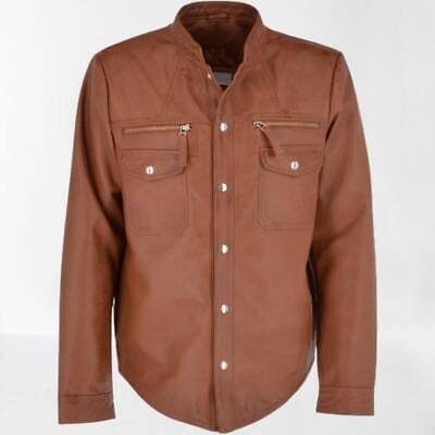 Men Tan Cognac Leather Button Down Dress Shirt Jacket, Men Leather Shirt Jackets