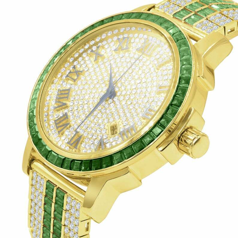 Pre-owned Ice House Emerald Green Roman Numeral Dial Simulate Diamond Solid Steel Bezel Custom Watch