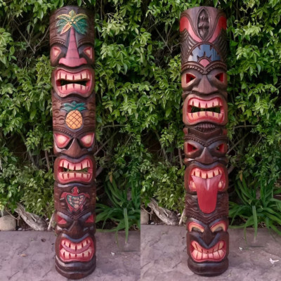 Tiki Totem Masks 3 Face Hand Carved Tropical Bar Patio Decor Set of 2 -39''x 6''in