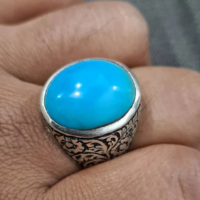 Pre-owned Handmade Natural Turquoise Ring Feroza Rings Mens Feroza Gemstone Rings Neyshapuri Feroza