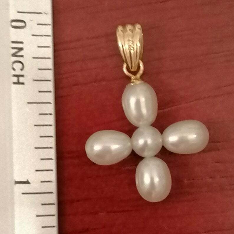 Pre-owned Handmade Christening Girl Crucifix Cross Real Pearl Solid 18k Gold Godmother Baptism In White