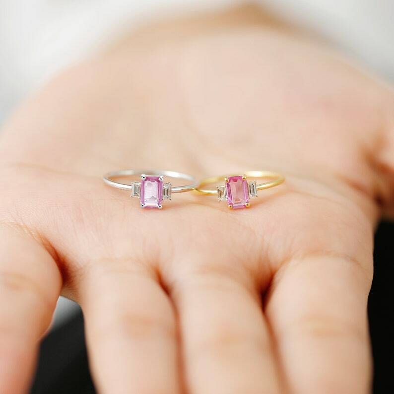 Pre-owned Handmade Pink Sapphire Baguette Diamond Ring 14k Solid Gold / Octagon Emerald Cut Pink In White