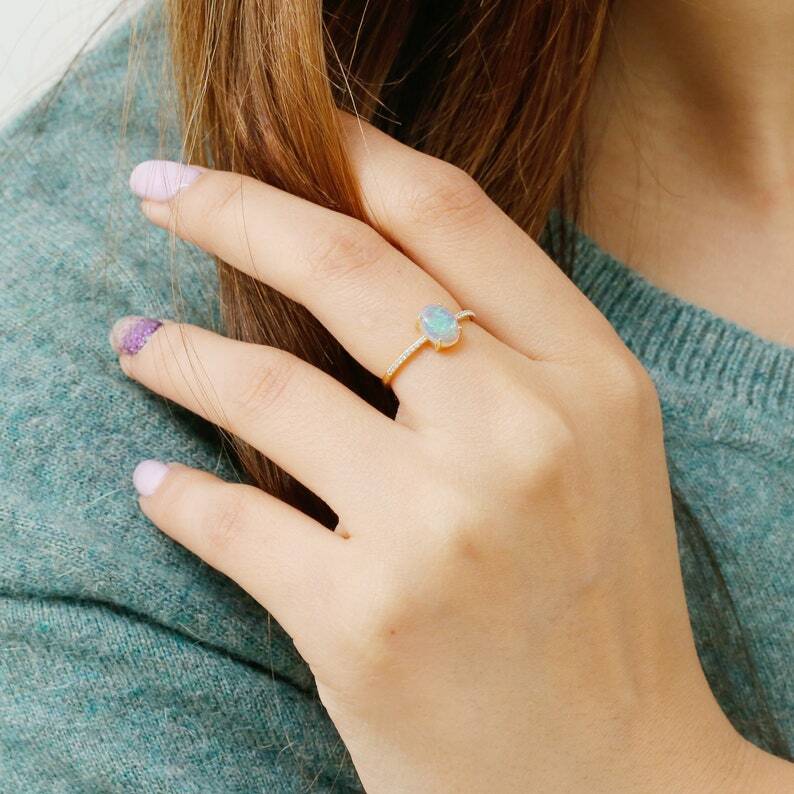 Pre-owned Handmade Opal Ring 14k Gold With Diamonds Eternity Band / Yellow Gold Natural White