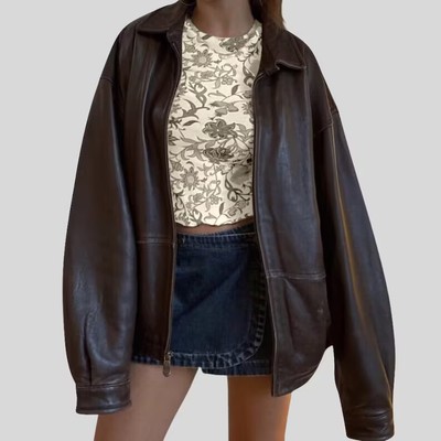 Women Handmade Brown Oversize Distressed Bomber Sheepskin Soft Real Leather