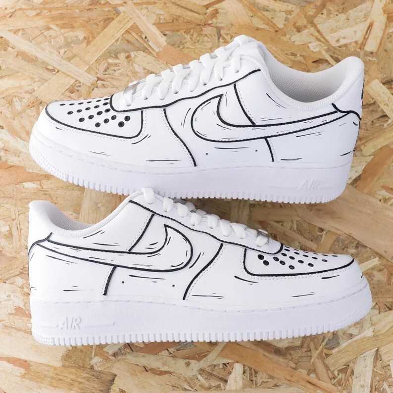 Nike Air Force 1 Custom Black Outline ⚫ White Shoes Sneakers Mens Womens Kids - Picture 1 of 12