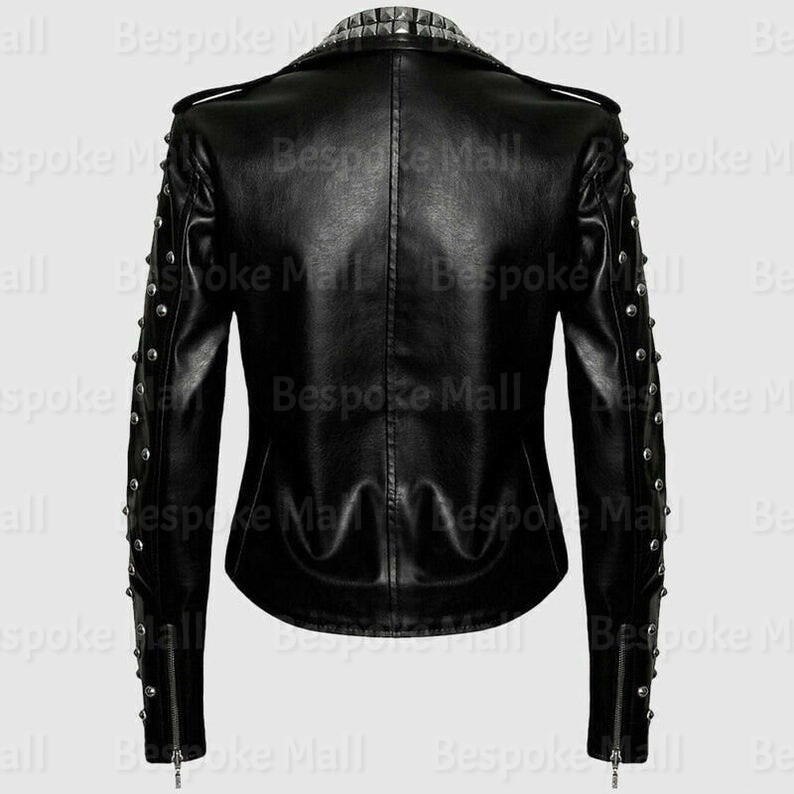 Pre-owned Handmade Women's Brando Style Black Tonal Studded Punk Cowhide Leather Jacket-994