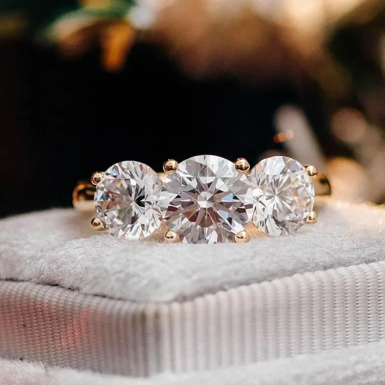 3Ct Round-Cut EF/VS1 Lab Grown Diamond Three Stone Wedding Ring 14k Yellow Gold