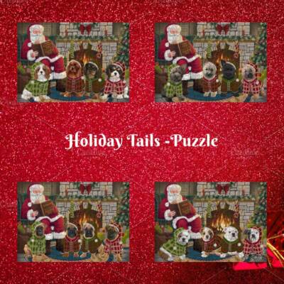 Christmas Cozy fire Holiday Tails Dog Cat Pet Jigsaw Puzzle with Photo Tin