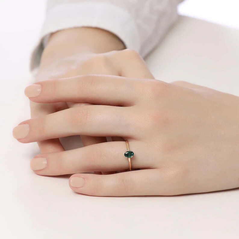 Pre-owned Handmade Emerald Ring, Oval Emerald Ring, 14k Solid Gold Ring, May Birthstone Ring, In White