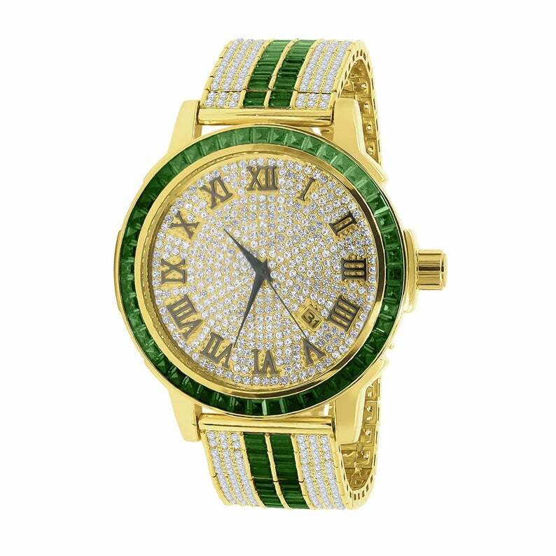 Pre-owned Ice House Emerald Green Roman Numeral Dial Simulate Diamond Solid Steel Bezel Custom Watch