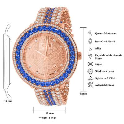 Pre-owned Usdiamondking Blue Solitaire Xxl Big Face Simulate Diamond 18k Rose Gold Tone W/date Watch