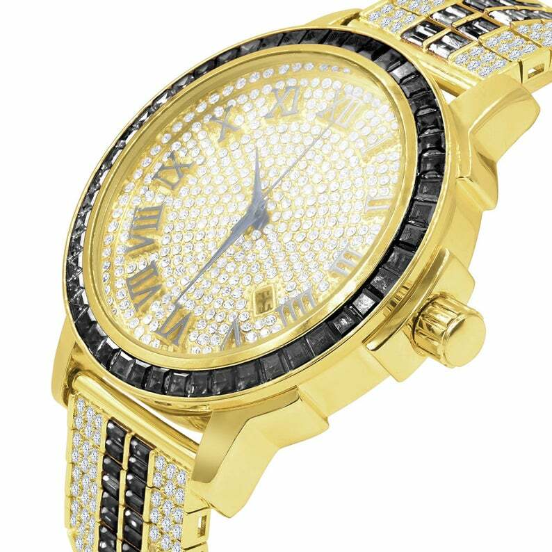 Pre-owned Ice House Black Onyx Roman Numeral Dial Gold Tone Simulate Diamond Solid Steel Bezel Watch