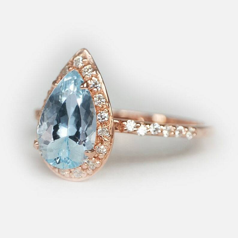 Pre-owned Handmade Pear Aquamarine Engagement Ring, Aquamarine Ring, 14k Aquamarine Ring, In G