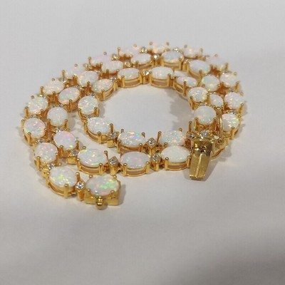 12Ct Oval Cut Lab-Created Fire Opal Tennis Necklace 14K Yellow Gold Plated
