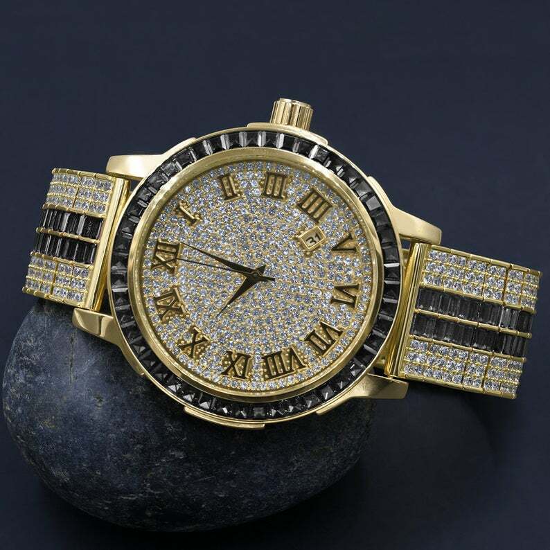 Pre-owned Ice House Black Onyx Roman Numeral Dial Gold Tone Simulate Diamond Solid Steel Bezel Watch