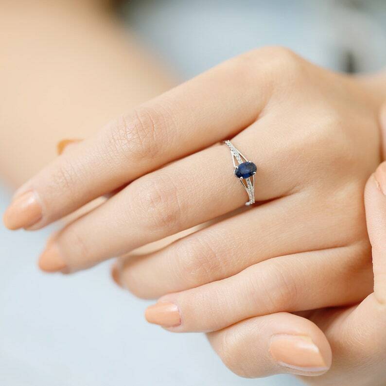 Pre-owned Handmade Natural Blue Sapphire Engagement Statement Ring In 14k Gold / Oval Cut Genuine In White