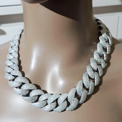 35ct Simulated Diamond Mimi Cuban Link Necklace925White Sterling Silver 22mmx22''
