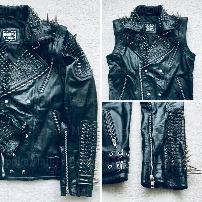 Pre-owned Handmade Men's Spiked Studded Leather Jacket & Vest Two In One Removable Sleeves-787 In Black