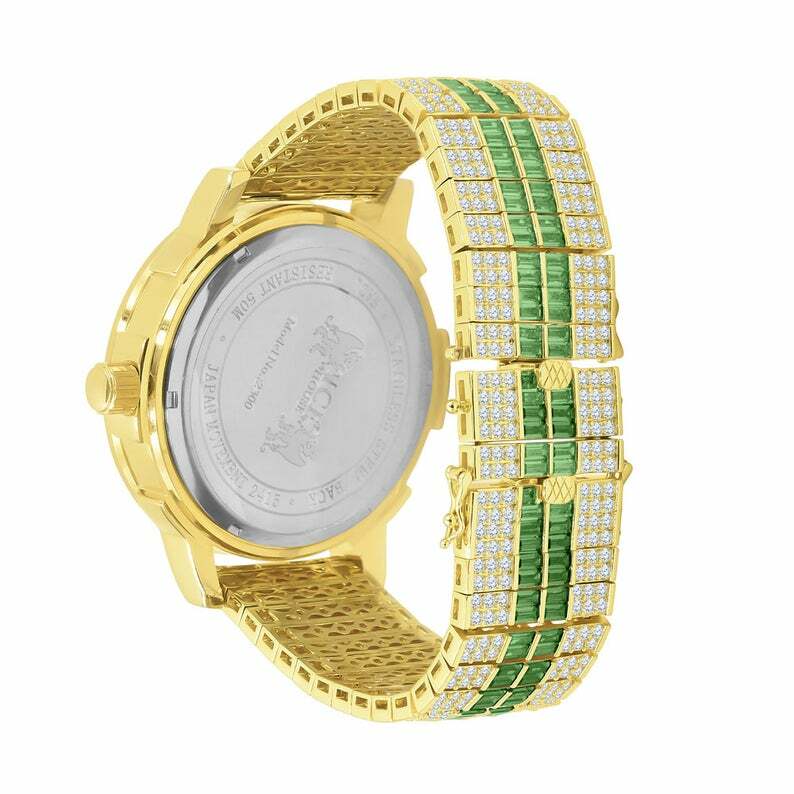Pre-owned Ice House Emerald Green Roman Numeral Dial Simulate Diamond Solid Steel Bezel Custom Watch