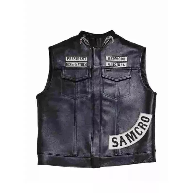 Sons of Anarchy ブラックレザー ベスト S SOA Men's Leather Vest Anarchy Motorcycle Biker Club Prime