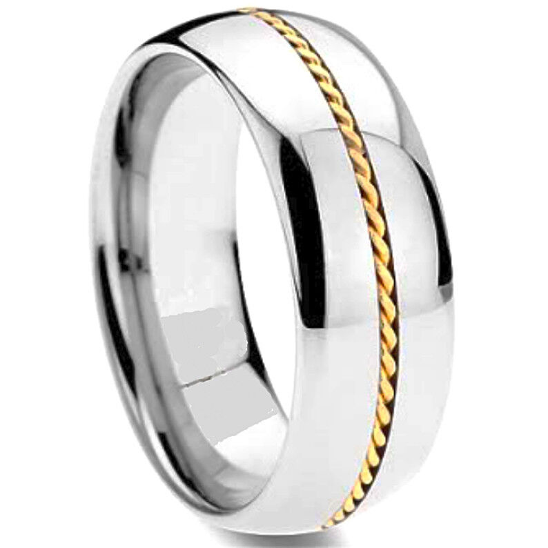 Titanium Highly Polished Plain Band Ring With Gold Plated Braided Strip, Size 12