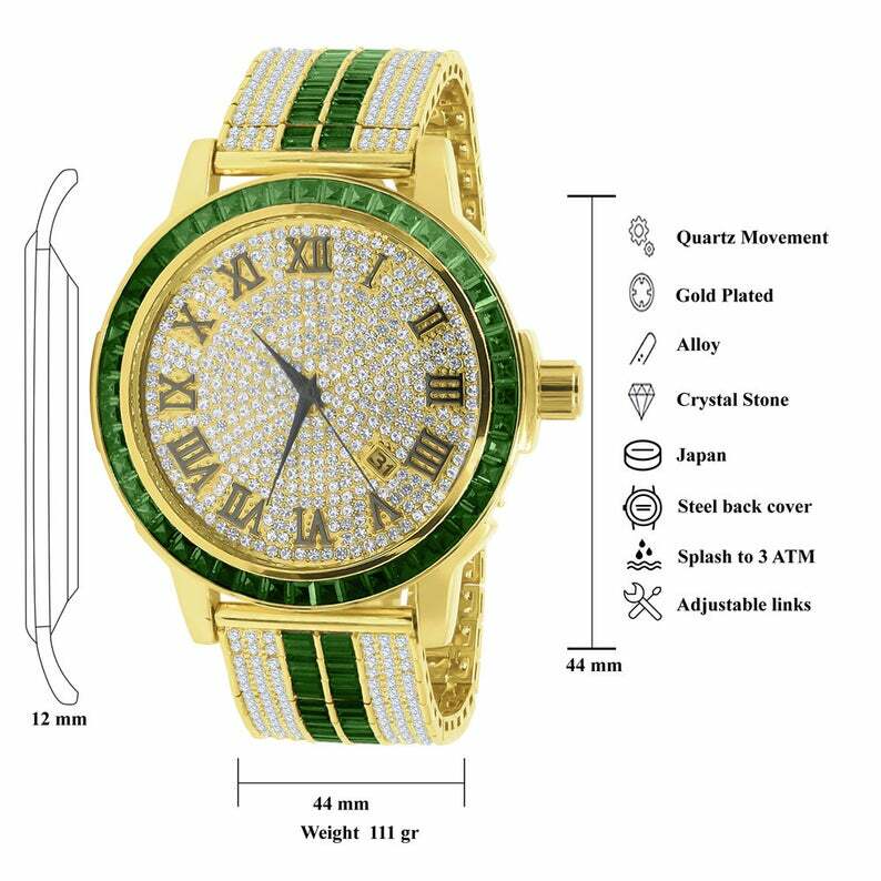 Pre-owned Ice House Emerald Green Roman Numeral Dial Simulate Diamond Solid Steel Bezel Custom Watch