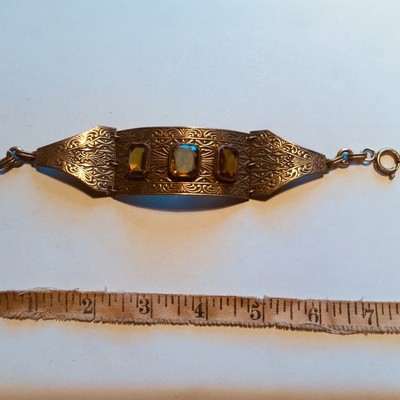1900s wide Etched bracelet with Topaz paste stones. Art nouveau