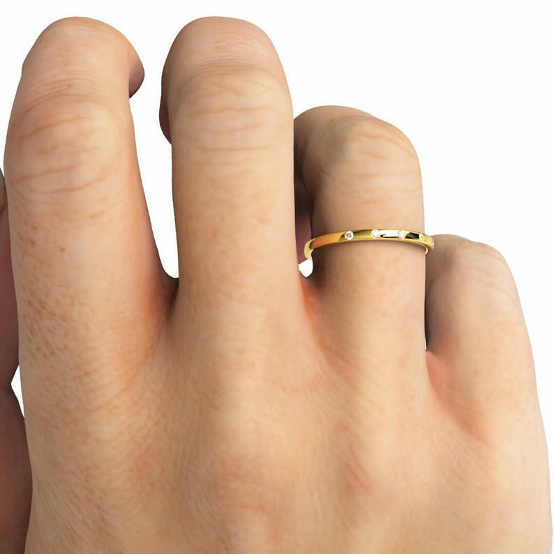 Pre-owned Handmade Flush Diamond Band / 14k Gold Flush Diamond Wedding Band / Diamond Stacking Ring In White