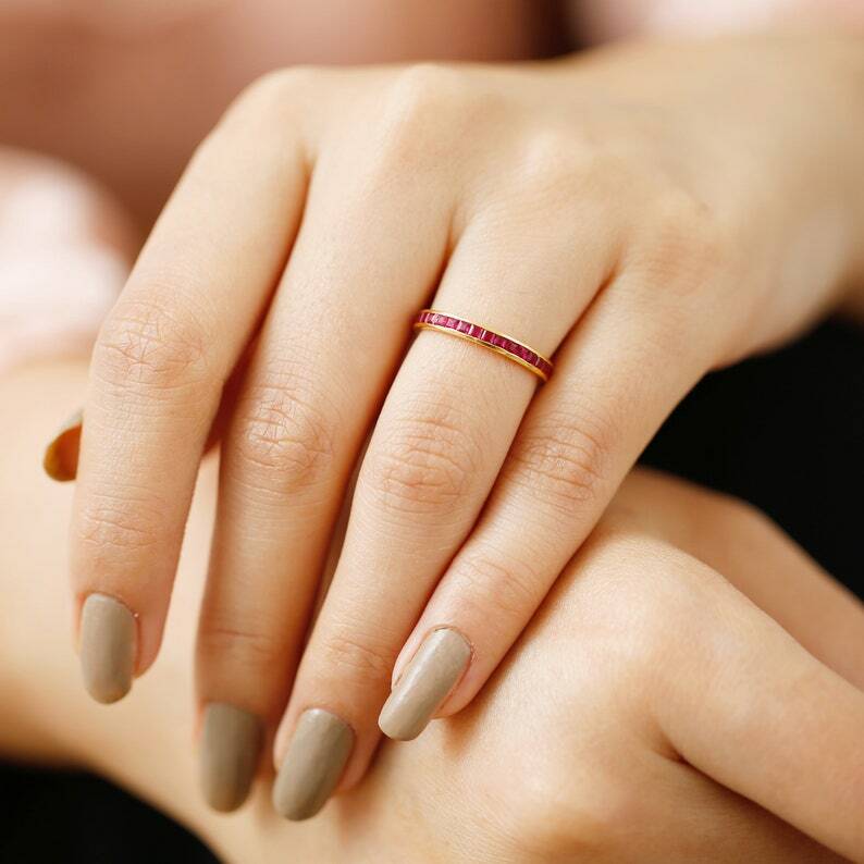 Pre-owned Handmade Ruby Full Eternity Band In Channel Setting / Vintage Stackable Gemstone Square In White