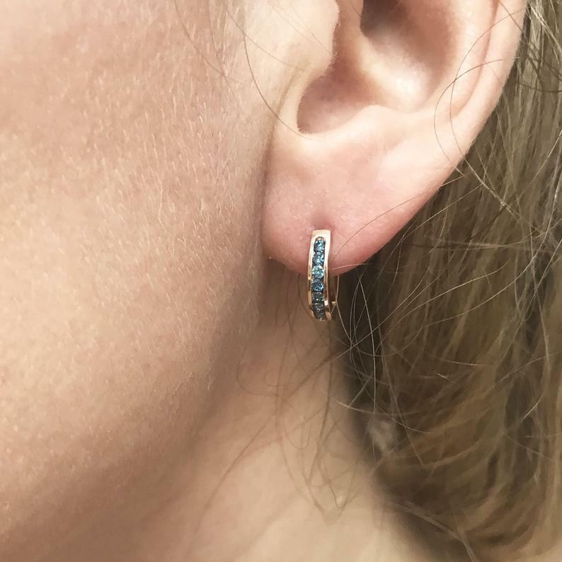 Pre-owned Jewelry By Arsa 0.4 Ctw Natural Blue Diamond Solid 14k Rose Gold Thin Channel Hoop Earrings 13mm