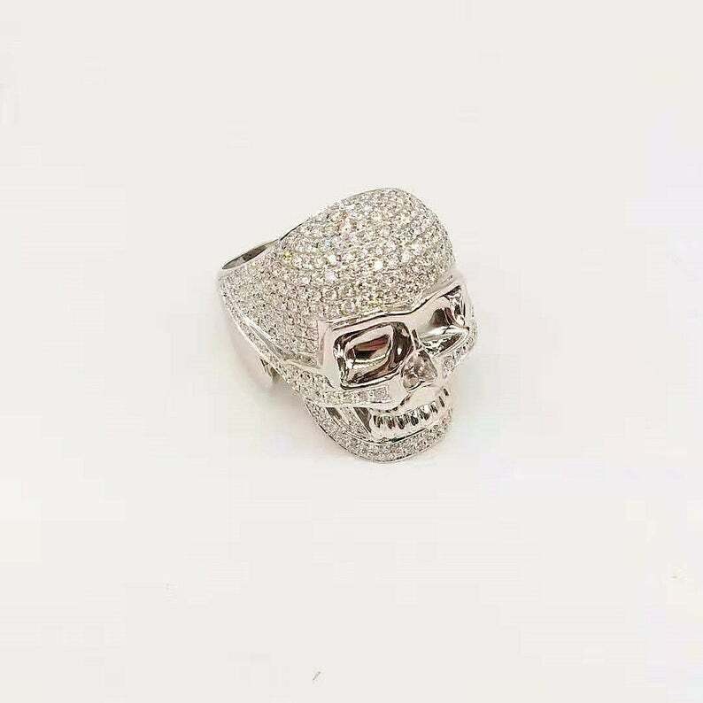 Pre-owned Online0369 Mens Skull Halloween Theme Ring 2ct Cubic Zirconia White Gold Plated Silver
