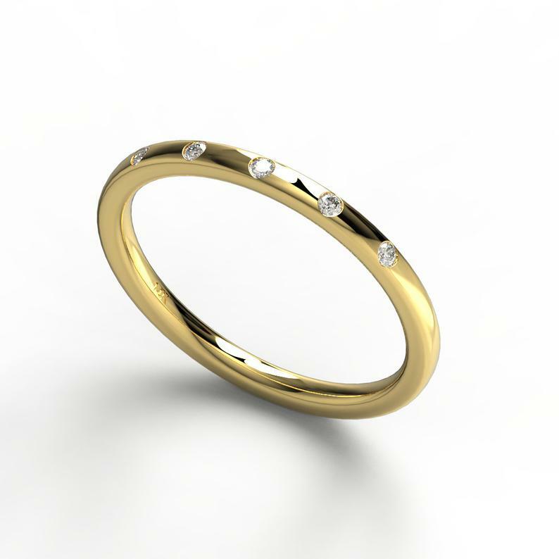 Pre-owned Handmade Flush Diamond Band / 14k Gold Flush Diamond Wedding Band / Diamond Stacking Ring In White