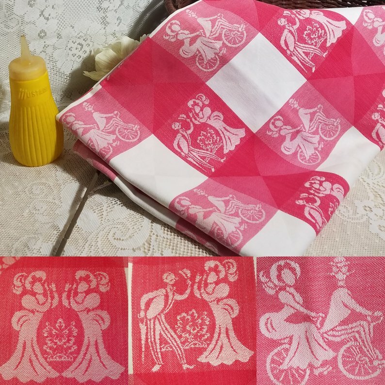 Picnic Blanket Victorian Couple, Cotton Barkcloth Tablecloth Ca. Simtex 1950's