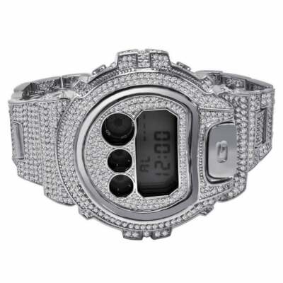 Pre-owned King Of Jewelz Brand Men's Real G-shock Simulated Diamond Watch+ Bezel+watch Band 10 Ctw In Silver