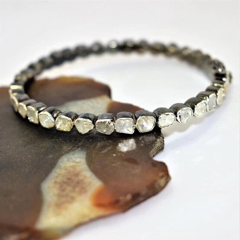 Real Polki Diamond 925 Sterling Silver Handmade Vintage Victorian Bangle Jewelry