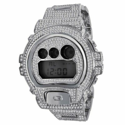 Pre-owned King Of Jewelz Brand Men's Real G-shock Simulated Diamond Watch+ Bezel+watch Band 10 Ctw In Silver