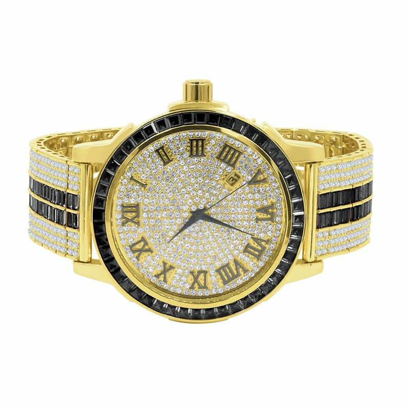 Pre-owned Ice House Black Onyx Roman Numeral Dial Gold Tone Simulate Diamond Solid Steel Bezel Watch