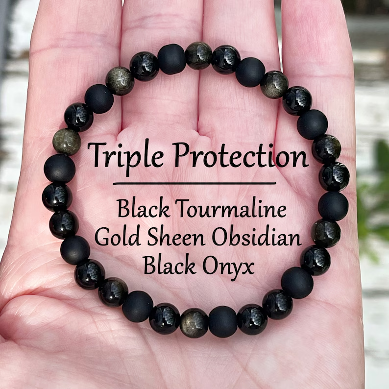 Triple Protection Black Onyx Tourmaline Gold Obsidian 6MM Beads Healing Bracelet eBay