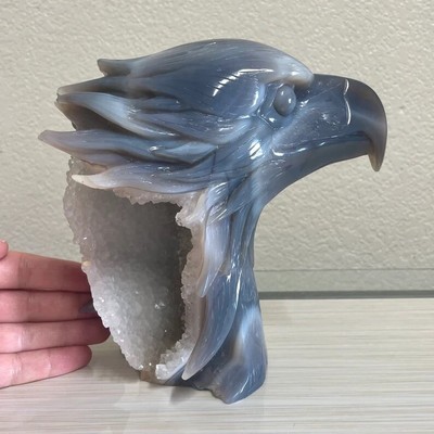 Rare 6.8  Carved Quartz Agate Geode Eagle Head Carving Crystal July 4th Stone