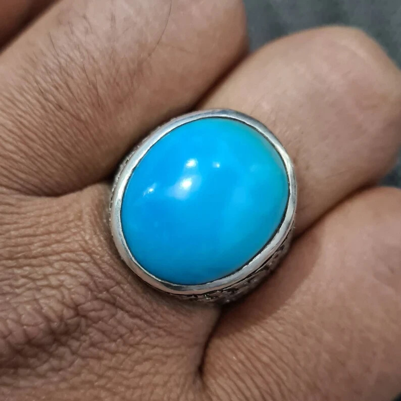 Pre-owned Handmade Natural Turquoise Ring Feroza Rings Mens Feroza Gemstone Rings Neyshapuri Feroza